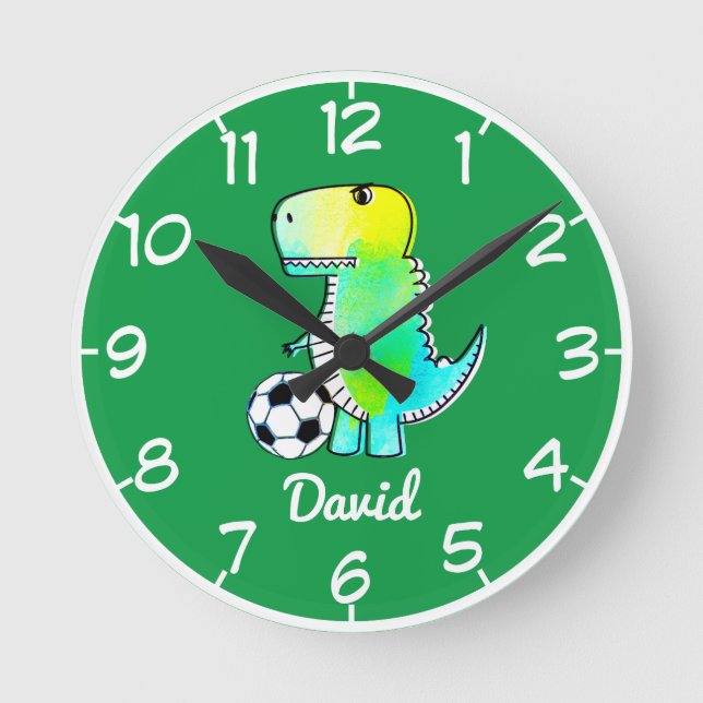 Watercolor Green Dinosaur With Custom Name  Round Clock (Front)
