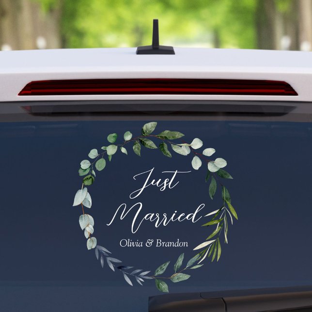 Watercolor Green Eucalyptus Leaves Just Married Window Cling (In situ)