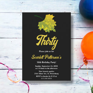Watercolor Green Fall Leaves Black 30th Birthday Invitation