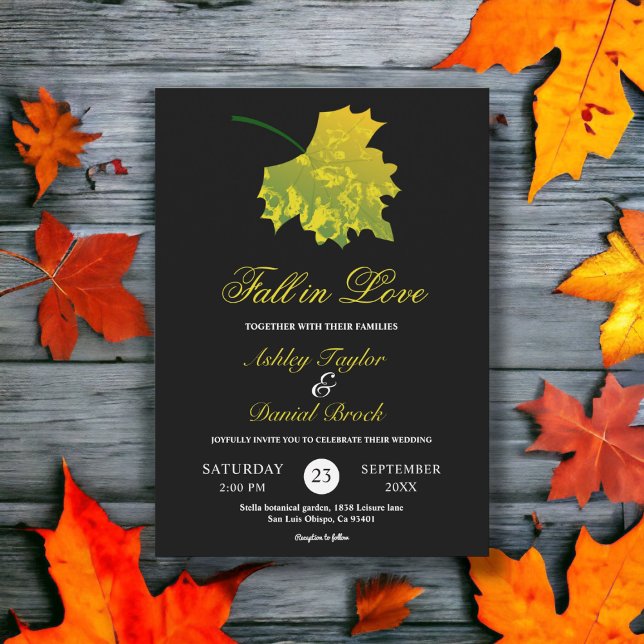 Watercolor Green Fall Leaves Black Floral Wedding Invitation (Creator Uploaded)