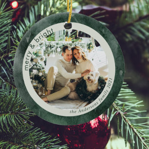 Watercolor Green Family Photo Merry And Bright Ceramic Ornament