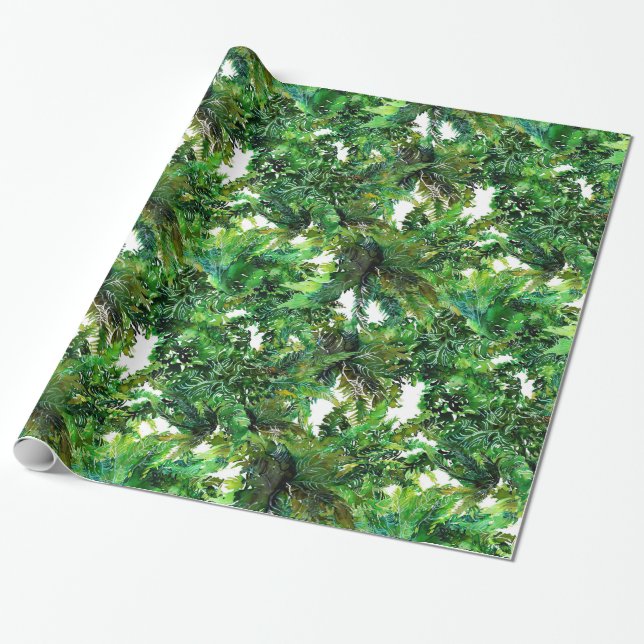 Watercolor green fern forest fall pattern wrapping paper (Unrolled)