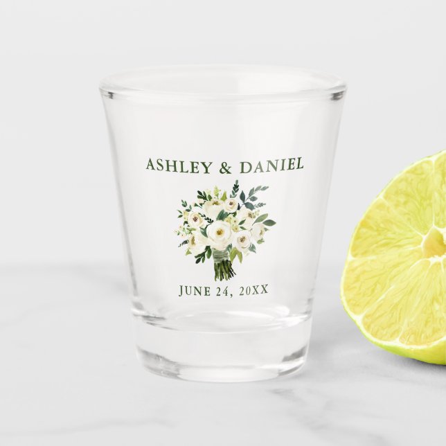 Watercolor Green Floral Bouquet Wedding Shot Glass (Front)