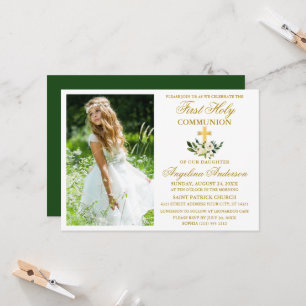 Watercolor Green Floral First Holy Communion Invitation