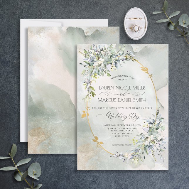 Watercolor Green Floral Gold Oval Frame Invitation (Creator Uploaded)