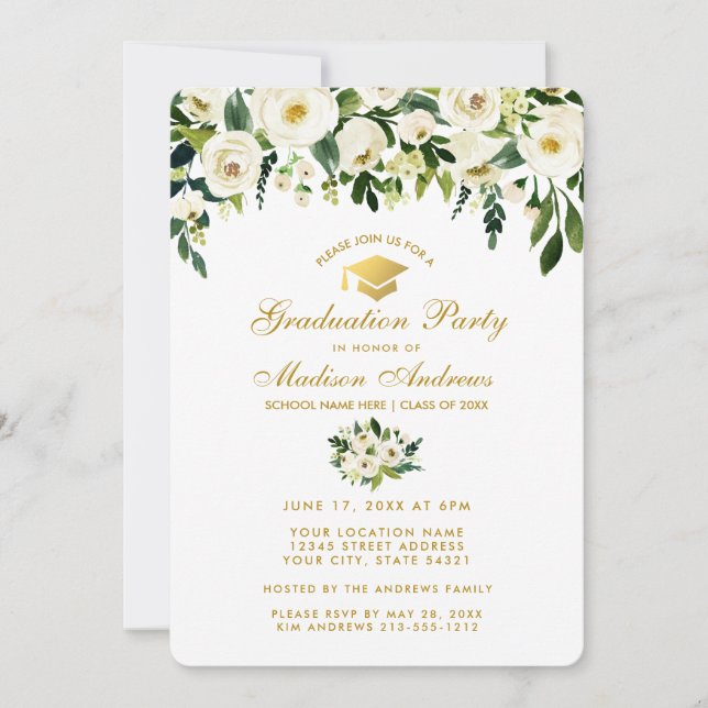 Watercolor Green Floral Graduation Party Invite G (Front)
