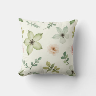Watercolor green flowers pattern throw pillow