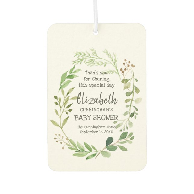 Watercolor Green Foliage Baby Shower Party Favour Air Freshener (Front)