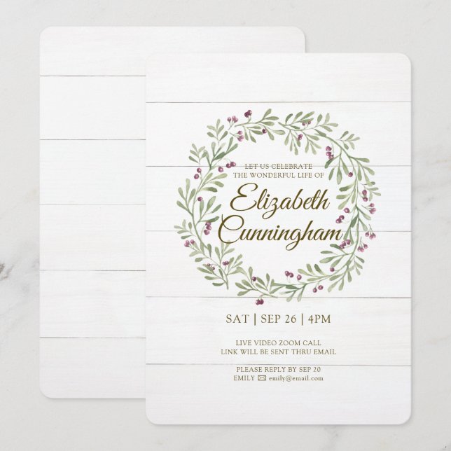 Watercolor Green Foliage Berries Virtual Memorial Invitation (Front/Back)