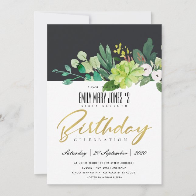 WATERCOLOR GREEN FOLIAGE BLACK ANY AGE BIRTHDAY INVITATION (Front)