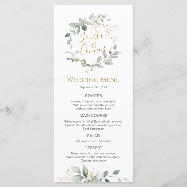 Watercolor Green Foliage Menu Mariage (Devant)