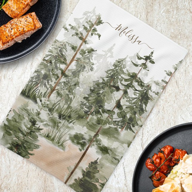 Watercolor Green Forest Kitchen Towel (In situ Kitchen Table)