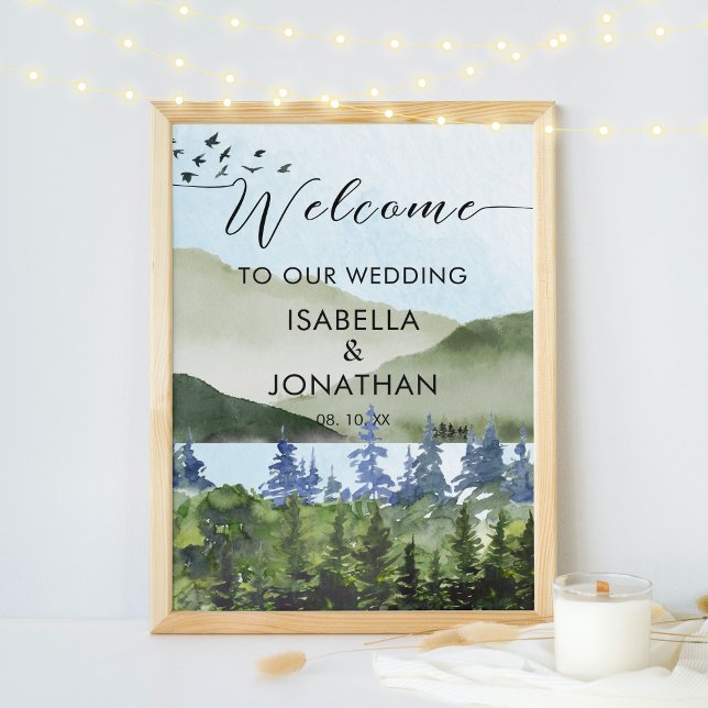Watercolor Green Forest Mountain Wedding Welcome Poster (Creator Uploaded)