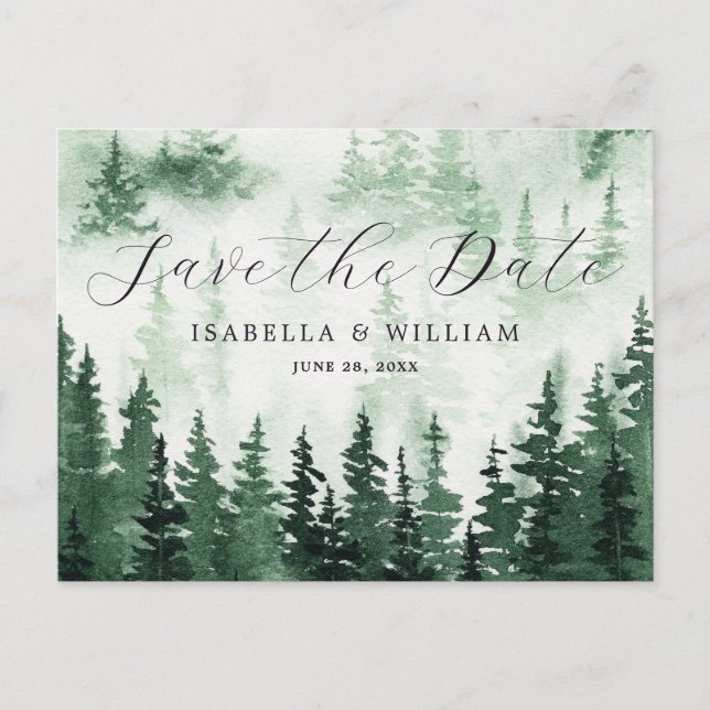 Watercolor Green Forest Save The Date Postcard (Front)