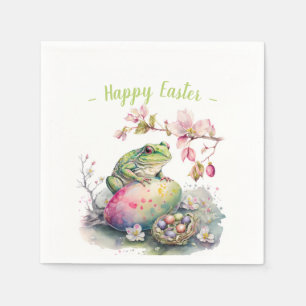 Watercolor Green Frog Easter Eggs and Flowers -   Napkin