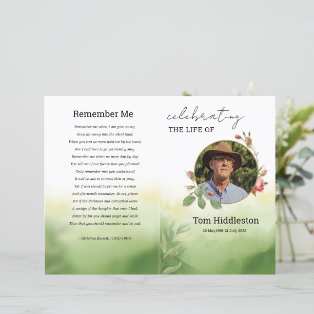 Watercolor Green Funeral Program Template (Standing Front)