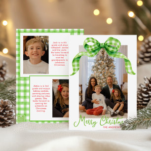 Watercolor Green Gingham Bow Christmas Photo Holiday Card