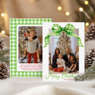 Watercolor Green Gingham Bow Christmas Photo Holiday Card