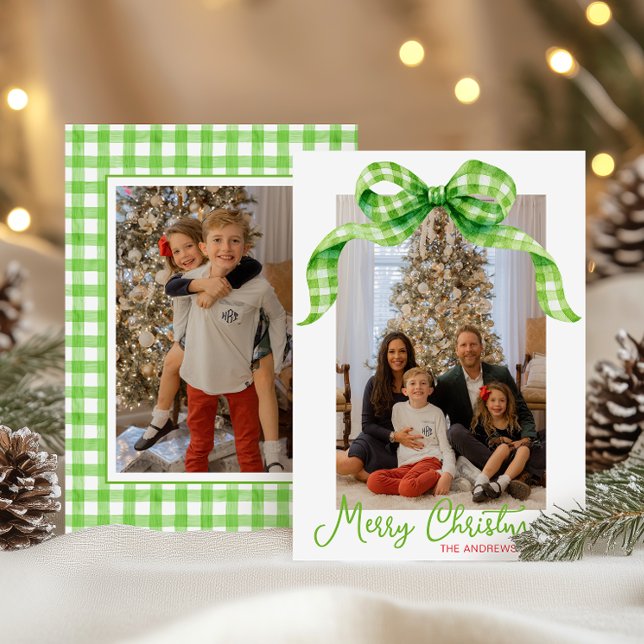 Watercolor Green Gingham Bow Christmas Photo Holiday Card (Creator Uploaded)