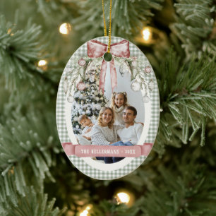 Watercolor Green Gingham Photo Christmas Ceramic Ornament