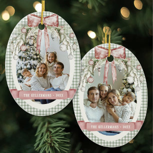 Watercolor Green Gingham Photo Christmas Ceramic Ornament