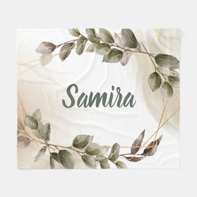 Watercolor Green & Gold Custom Name Personalized   Fleece Blanket (Front (Horizontal))