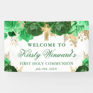 Watercolor Green Gold Flowers 1st Holy Communion Banner