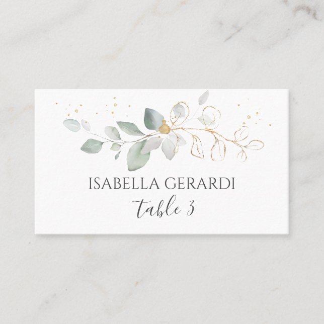 Watercolor green & gold foliage place card (Front)