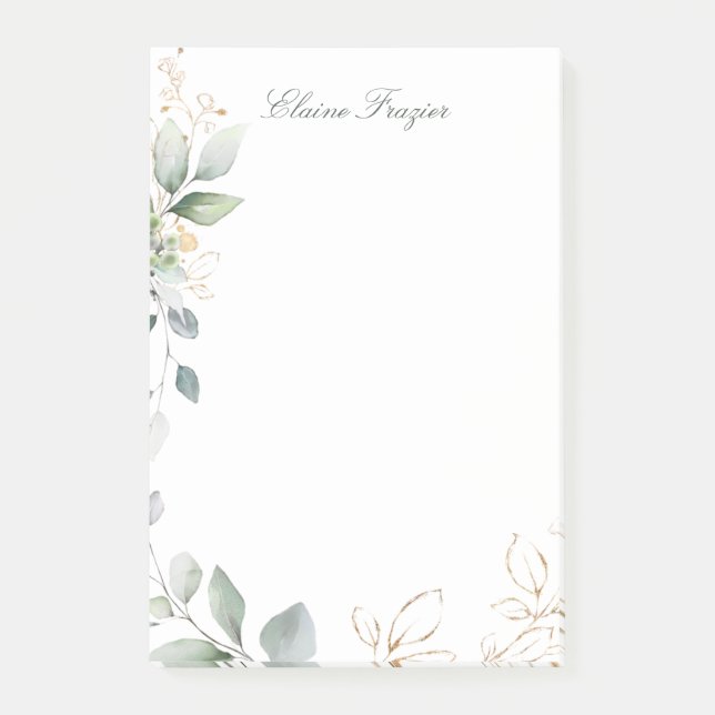 Watercolor green & gold foliage post-it notes (Front)