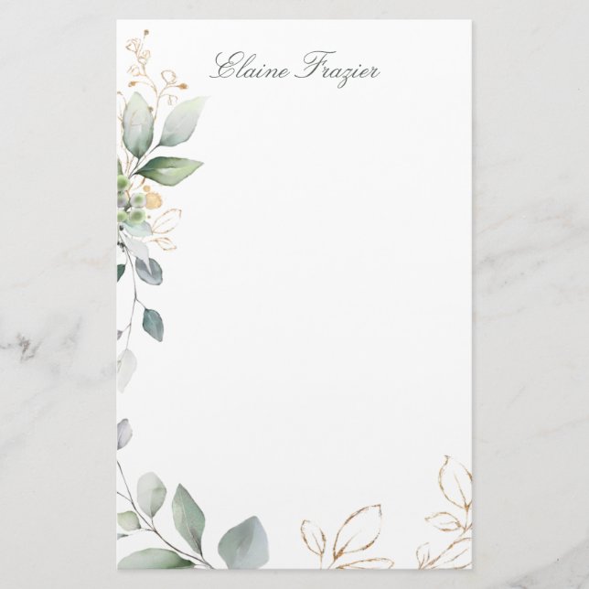 Watercolor green & gold foliage stationery (Front)