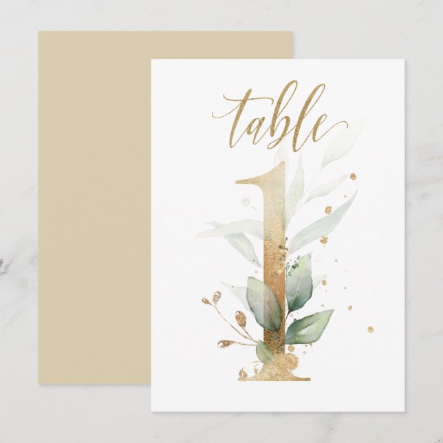 Watercolor Green & Gold Foliage, Table Number 1 (Front/Back)