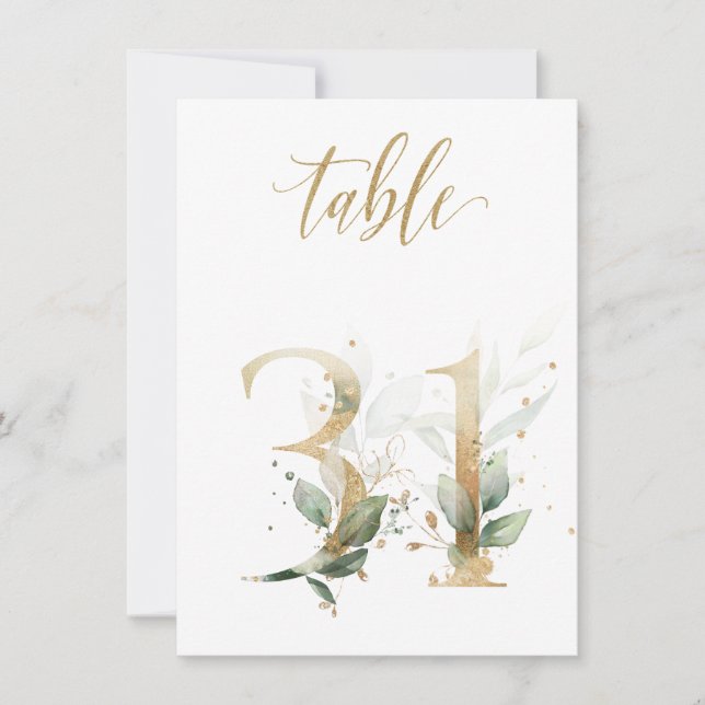 Watercolor Green & Gold Foliage, Table Number 31 (Front)