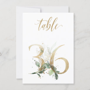 Watercolor Green & Gold Foliage, Table Number 36