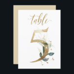 Watercolor Green & Gold Foliage, Table Number 5<br><div class="desc">Beautiful table number card with a botanical motif -  a watercolor illustration of green and gold leaves. Table 5. Please,  check all available numbers</div>