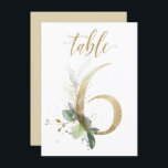 Watercolor Green & Gold Foliage, Table Number 6<br><div class="desc">Beautiful table number card with a botanical motif -  a watercolor illustration of green and gold leaves. Table 6. Please,  check all available numbers</div>