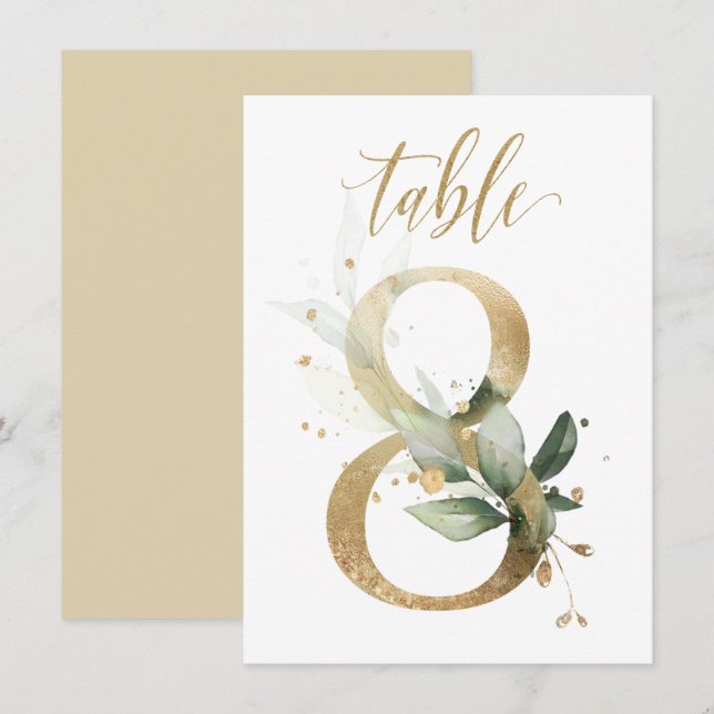Watercolor Green & Gold Foliage, Table Number 8 (Front/Back)