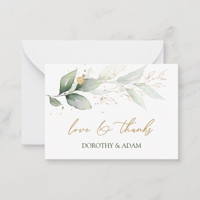 Watercolor green & gold foliage Thank You Card (Front)