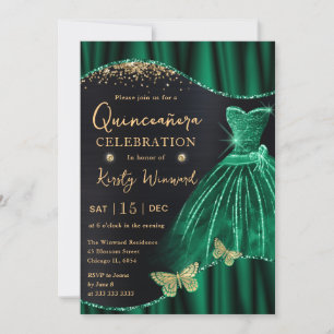Watercolor Green Gold Glitter Dress Quinceanera Invitation
