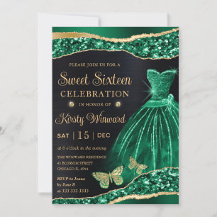 Watercolor Green Gold Glitter Dress Sweet Sixteen Invitation