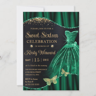 Watercolor Green Gold Glitter Dress Sweet Sixteen Invitation