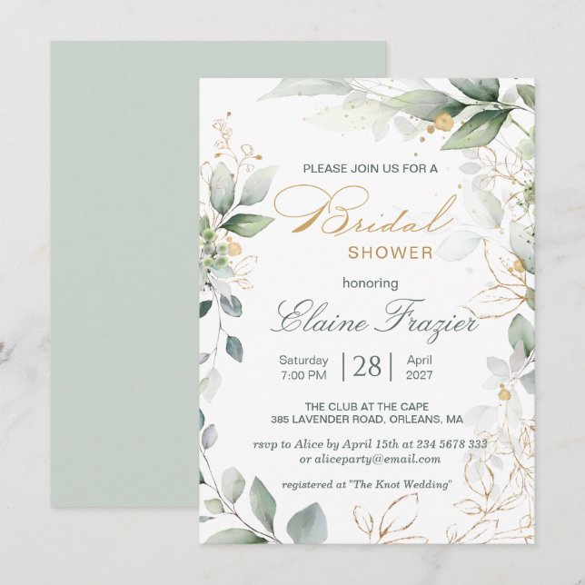 Watercolor green & gold leaves Bridal Shower Invitation (Front/Back)