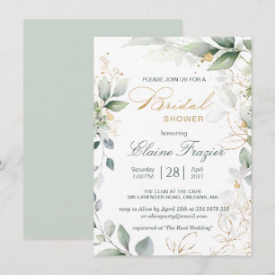 Watercolor green & gold leaves Bridal Shower Invitation
