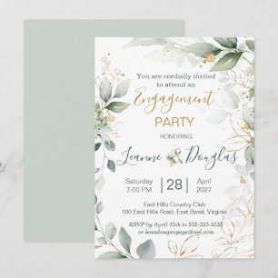 Watercolor green & gold leaves Engagement Party Invitation