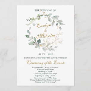 Watercolor green & gold leaves Wedding Program