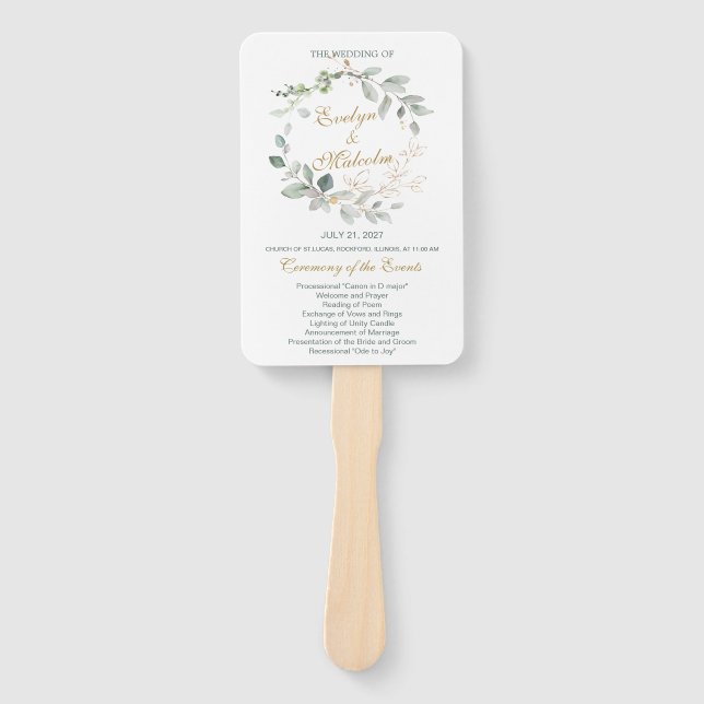 Watercolor green & gold leaves Wedding Program Hand Fan (Front)