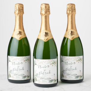 Watercolor green & gold leaves Wedding Sparkling Wine Label