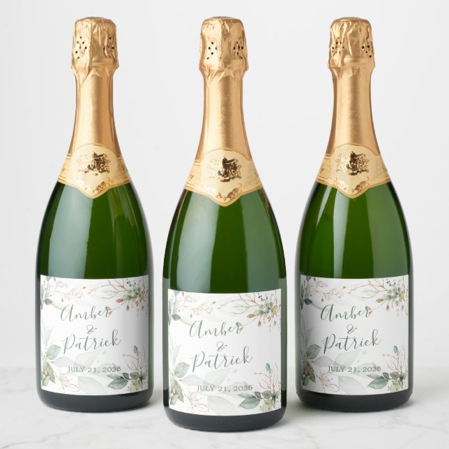 Watercolor green & gold leaves Wedding Sparkling Wine Label (Bottles)