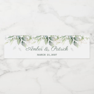 Watercolor green & gold leaves Wedding Water Bottle Label