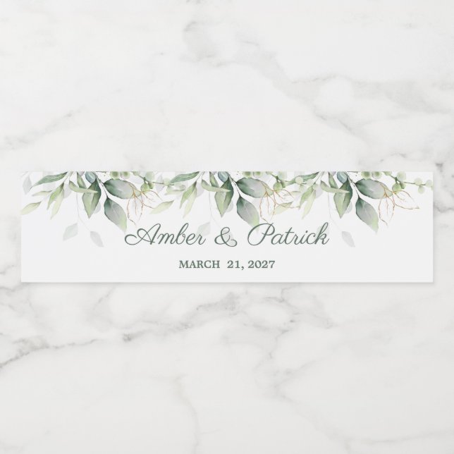 Watercolor green & gold leaves Wedding Water Bottle Label (Single Label)