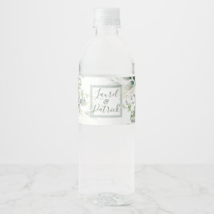 Watercolor Green Gold Leaves Wedding Water Bottle Water Bottle Label
